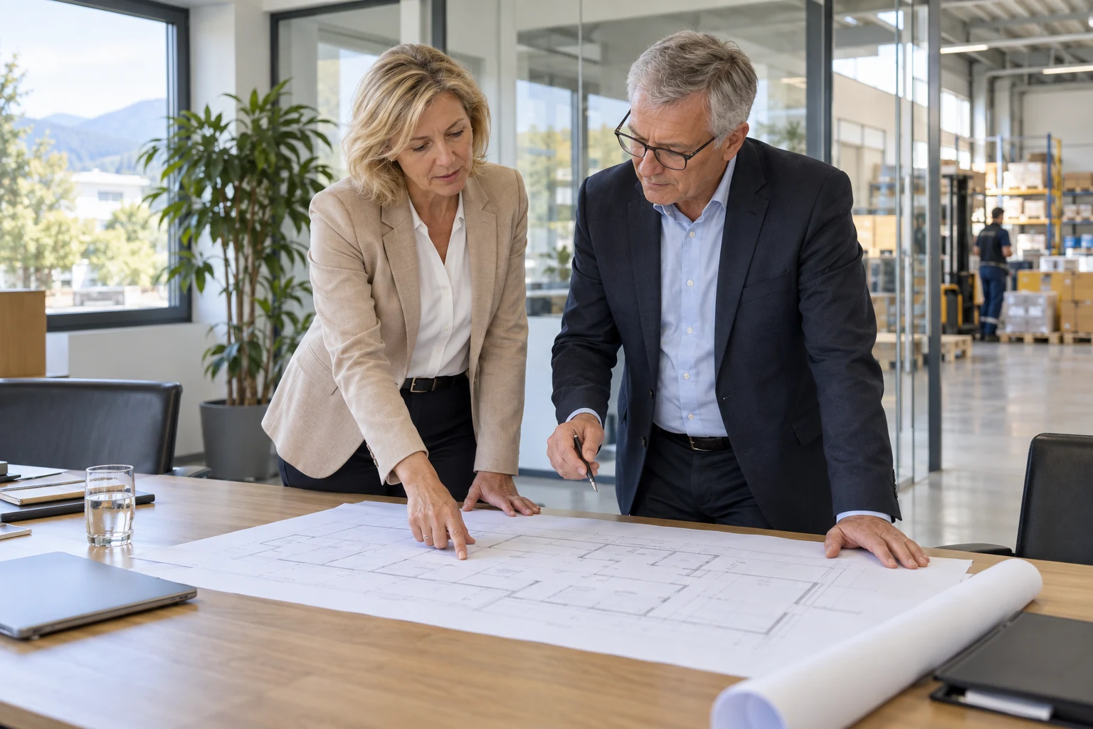 Eigentümer besprechen einen Gebäudeplan ihres österreichischen Firmensitzes
